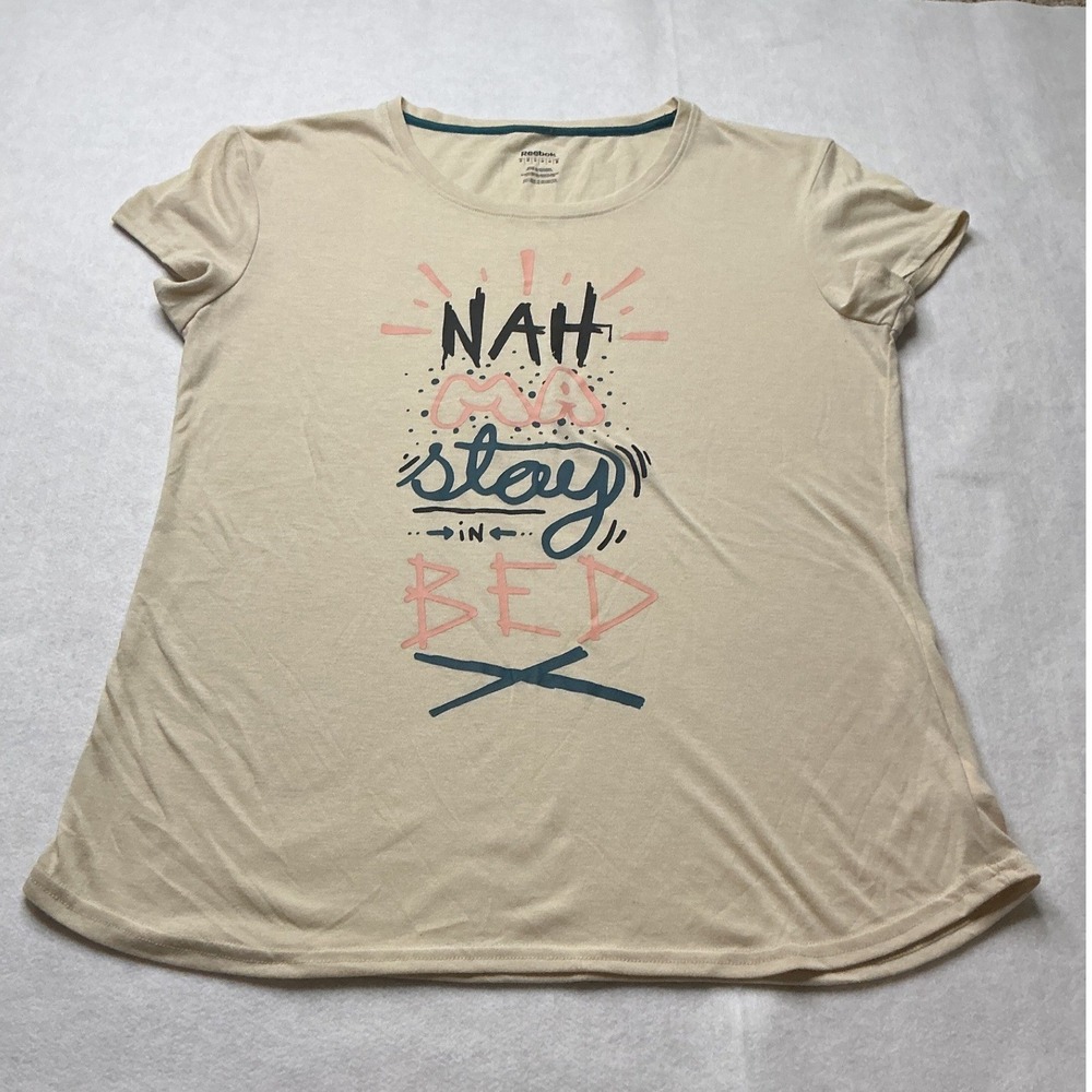 Reebok Womens Nah Ma Stay‎ In Bed Graphic T-Shirt Tan Beige Short Sleeve Medium